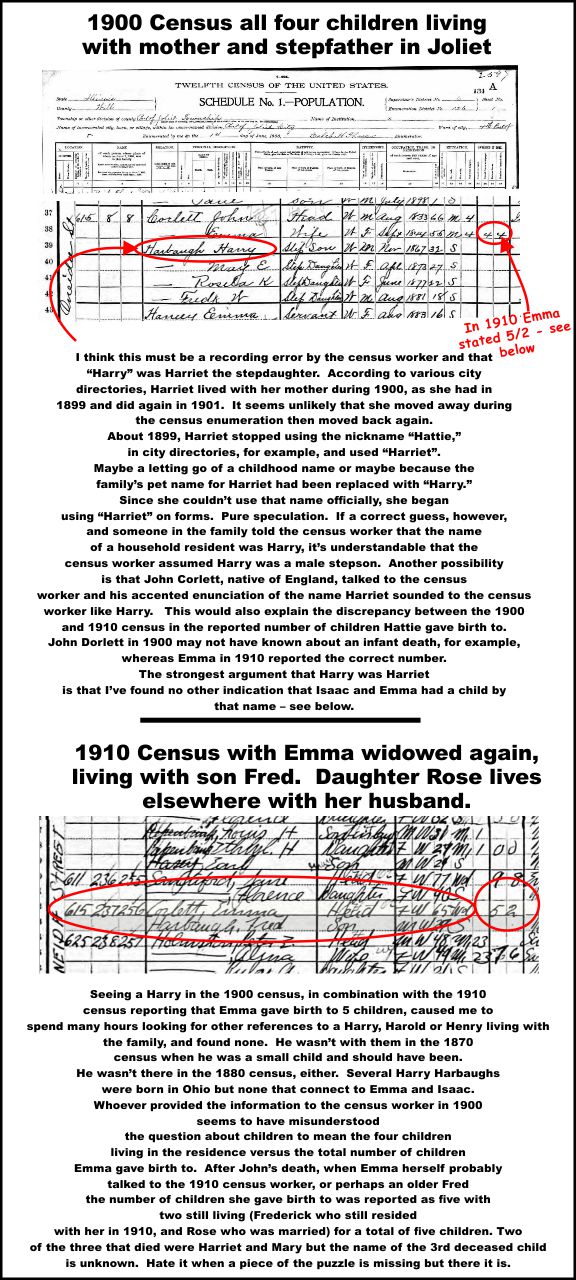 1900 and 1910 census information about Emma Harbaugh Corlett's children