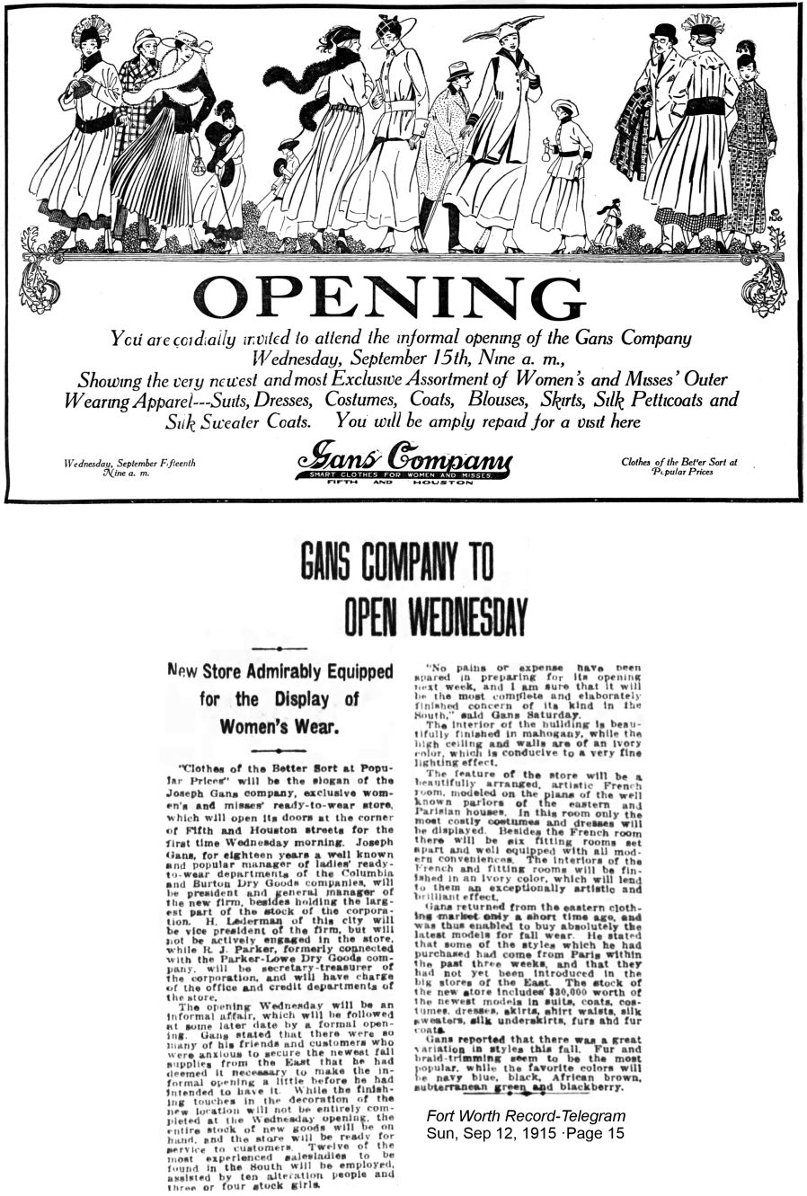 1915 advertisement for Gans Company clothing store on Houston in Fort Worth